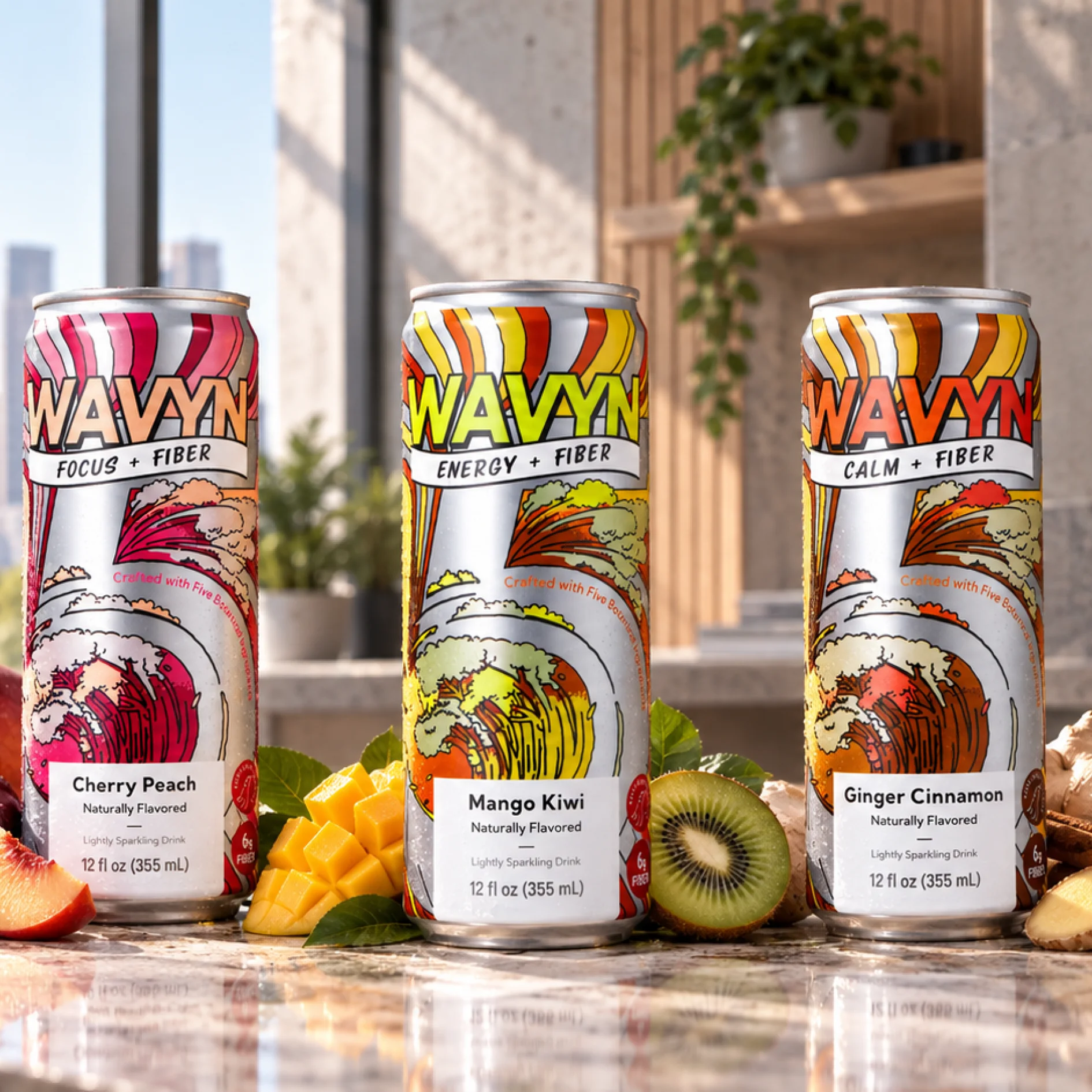 WAVYN Cherry Peach, Mango Kiwi and Ginger Cinnamon cans